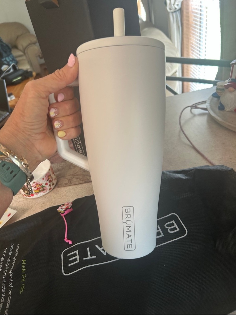 BrüMate White Insulated Travel Mug with Handle and Straw